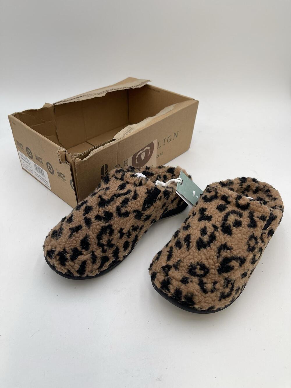 Revitalign Siesta Slide Teddy Slippers Womens Brown Leopard Faux Fur Cozy Sz 6.5